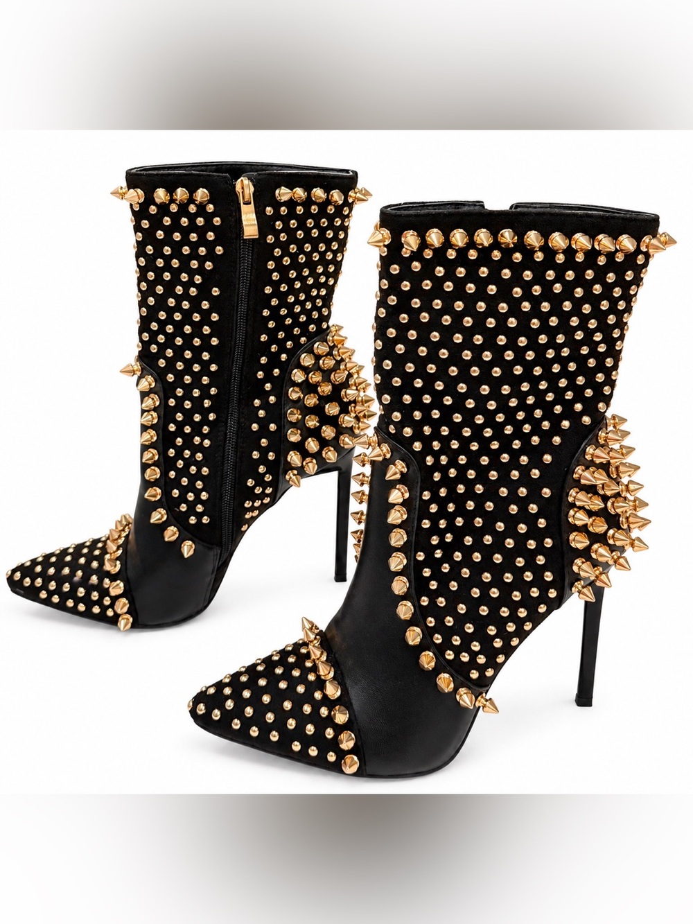 Azalea Wang Diablo Black Gold Spike Studded Stiletto Boots